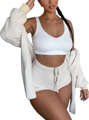 Vista 9 de KDGENG Shecozy 3 Piece Pajama Set - Womens Sexy Fuzzy Cozy Knit Hooded Cardigan Outfits Crop Top Shorts Loungewear