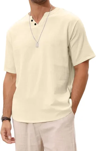 Vista 5 de Angbater Camiseta casual de lino Henley de manga corta para hombre, camiseta hippie de playa, camiseta ligera tropical para verano