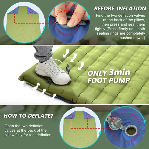 Vista 5 de Almohadilla doble para acampar de 5.5 pulgadas, ultra gruesa con Colchón para dormir, compacto para 2 personas, portátil, para mochileros Verde