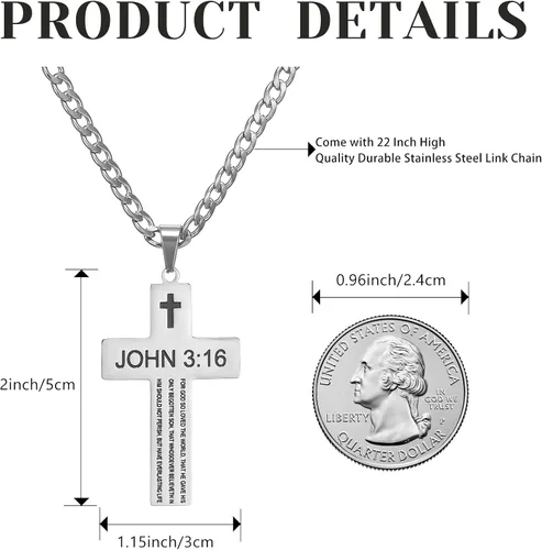 Vista 6 de SKQIR Collar de cruz para hombres con versículo de la Biblia, escritura religiosa cristiana para la primera comunión, colgante de cruz para niños