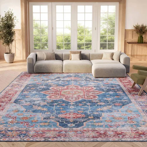 Vista 9 de SAFAVIEH Alfombra lavable Tucson Collection - 2 pies 6 pulgadas x 4 pies, azul y resistente al óxido, antideslizante, ideal para zonas de alto