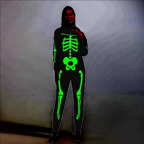 Vista 4 de Pijamas de Halloween a juego para la familia, divertido esqueleto impreso con cremallera pijamas Halloween cosplay disfraz para hombresmujeresniños