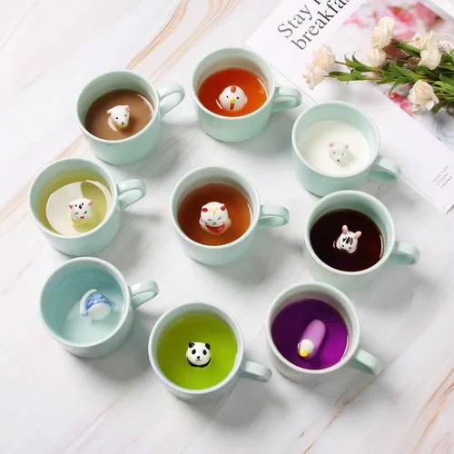 Vista 3 de Taza de cerámica de gatito con animal 3D escondido en el interior, 8 oz. Taza de café hecha a mano en caricatura, perfecta para Navidad, cumpleaños