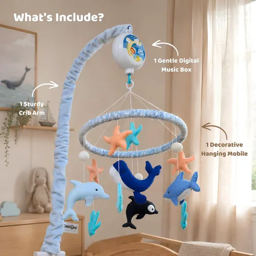 Vista 8 de Ocean Baby Mobile para cuna, cuna móvil con música, criaturas marinas