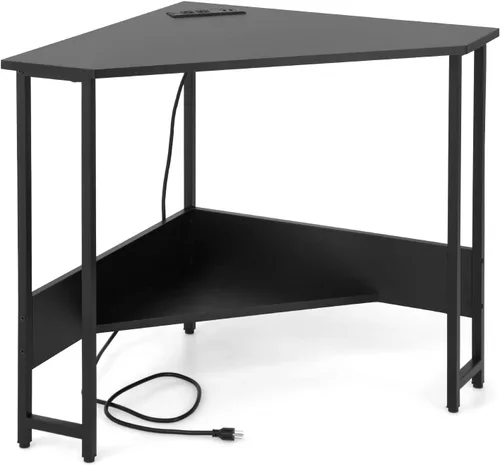 Vista 9 de COSTWAY Escritorio esquinero para computadora, con puertos USB y toma de corriente, estante de almacenamiento para espacios pequeños, escritorio