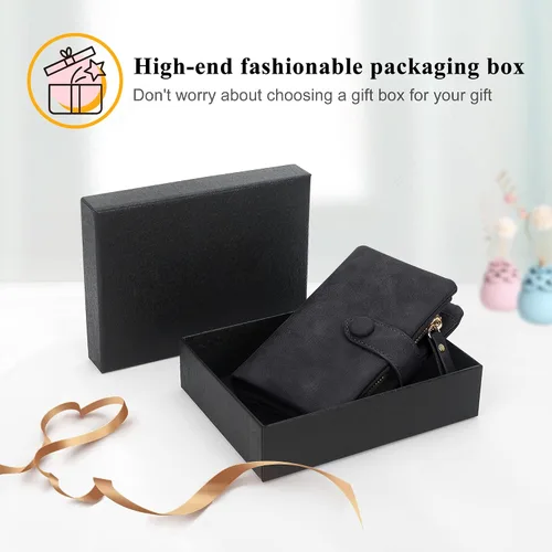 Vista 7 de Billeteras con bloqueo RFID para mujer, de gran capacidad, de cuero suave, cartera pequeña con correa para la muñeca, Negro -, Casual