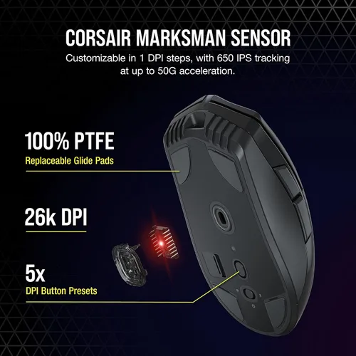 Vista 6 de CORSAIR SABRE RGB PRO Wireless Champion Series, mouse inalámbrico para juegos FPSMOBA, negro
