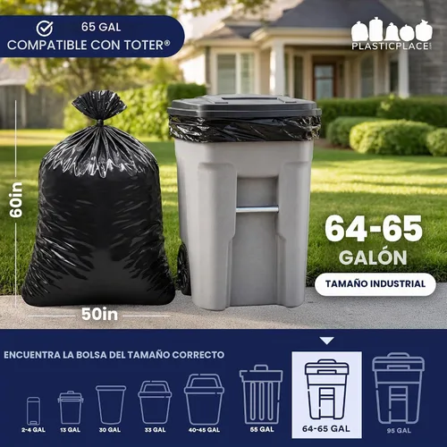 Vista 4 de Bolsas de basura de 64 galones para cubo, negras, 1,5 ml, 50 x 60, 50 bolsas) por caja Negro