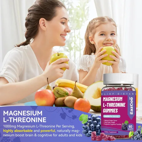 Vista 6 de Gomitas de treonina de magnesio de 1000 mg, gomitas de L-treonina para adultos, grandes suplementos de magnesio para el cerebro, sin OMG, sin