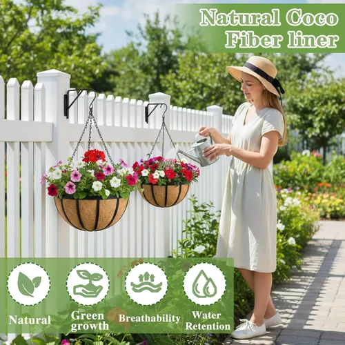 Vista 2 de Maceta colgante de metal de hierro plano negro con forro de fibra de coco (paquete de 2, 12 pulgadas), macetas colgantes para plantas al aire libre