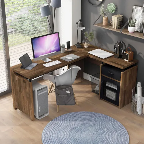 Vista 5 de 24/7 Shop at Home Deandre Farmhouse - Escritorio de computadora de madera en forma de L con 1 cajón con estante ajustable, puerta de gabinete