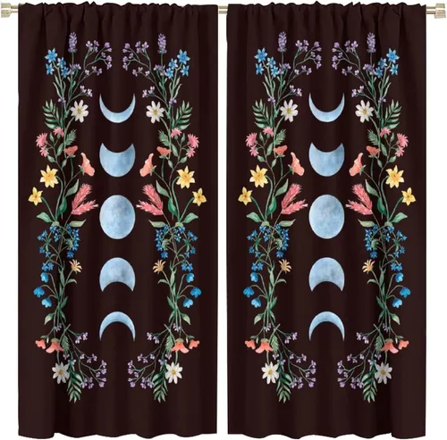 Vista 7 de Cortinas Florales de Luna Flores Silvestres Fase Jardín Iluminado por la Luna Estética Boho Primavera Naturaleza Juego de Tratamiento de Ventana
