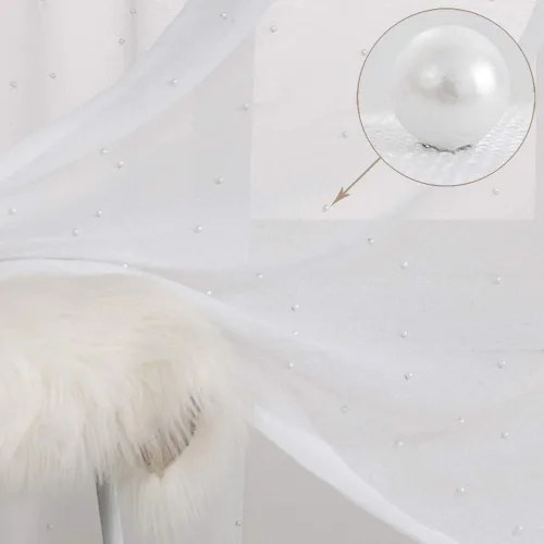 Vista 9 de Cortinas traslúcidas blancas de gasa con perlas blancas, paneles de tratamiento de ventanas, hermosas cortinas de gasa elegantes para sala de estar