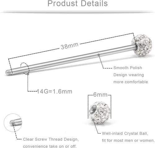Vista 3 de Ruifan Piercings de 14 g de acero inoxidable Industrial Barbell para cartílago de la oreja joyería1 1/2 pulgadas (38 mm)