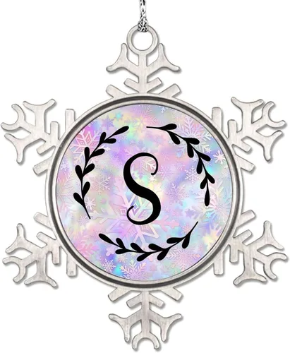 Vista 24 de Adorno de copo de nieve de letra A con inicial de copo de nieve, corona negra, adorno con monograma para decoración de árbol de Navidad, adornos
