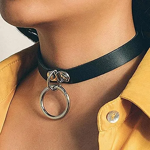 Vista 4 de Evild Gargantilla de piel punk, color negro, con diseño de corazón y círculo, estilo gótico, gargantilla, ajustable, para mujeres y niñas