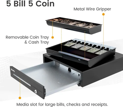 Vista 3 de Cajón de efectivo resistente de 16 pulgadas para sistema POS - Bandeja totalmente extraíble, 5 billetes/5 monedas con micro interruptor e