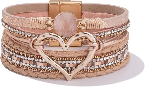 Vista 15 de Pulseras de cuero con corazón grueso, estilo bohemio, apilable, lindo Negro