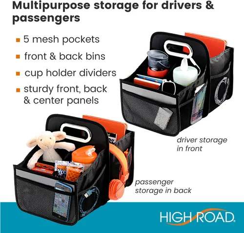 Vista 2 de High Road Organizador de coche con portavasos – Organizador de asiento delantero para conductores o organizador de asiento trasero para niños