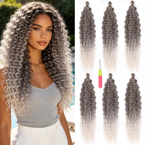 Vista 29 de MAYSA Cabello ondulado de ganchillo azul, cabello ondulado con ganchillo para mujer, extensiones de cabello sintético de onda profunda de 22