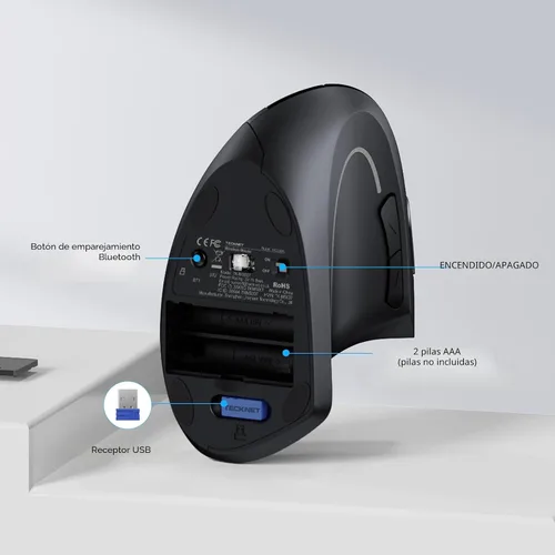 Vista 5 de TECKNET Ratón Ergonómico, Ratón Vertical Inalámbrico Bluetooth, Seguimiento Óptico 4800 DPI, 6 DPI Ajustables, Clics Silenciosos, 2.4GHz