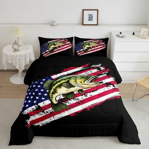 Vista 16 de Erosebridal Juego de ropa de cama de pesca tamaño individual, juego de edredón de peces coloridos para niños, adolescentes, hombres, pescadores