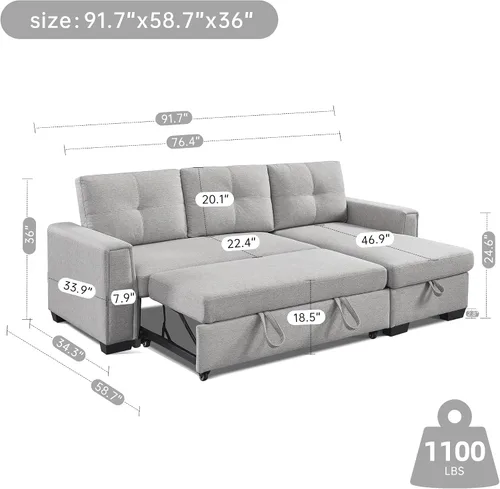 Vista 5 de American Furniture Classics Sofá cama modular copetudo gris claro con almacenamiento, 92 x 59 x 36 pulgadas