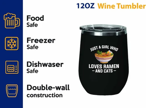 Vista 2 de Ramen Lover Black Edition Vaso de vino de 12 onzas – Just a girl who loves – Food Lovers pollo, calabaza, vegano, despensa, fideos picantes
