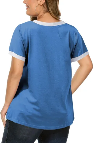 Vista 65 de Eytino Blusas de talla grande para mujer, cuello en V, manga corta, a rayas, casual, holgada, con bolsillo (1X-5X)