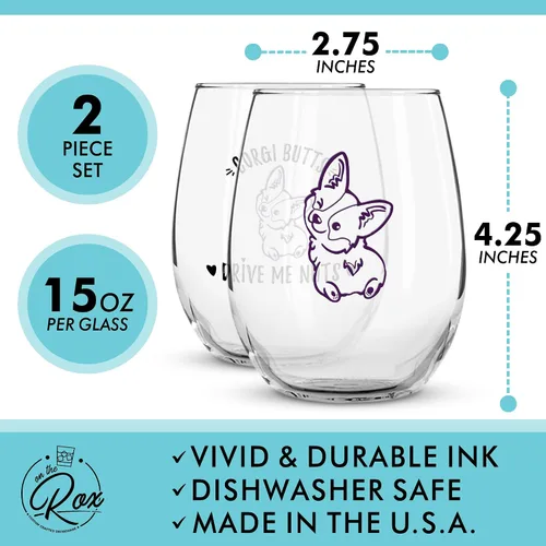 Vista 2 de On The Rox Corgi Gifts - Corgi B*tts Drive Me Nuts - Juego de 2 copas de vino sin tallo de 15 onzas