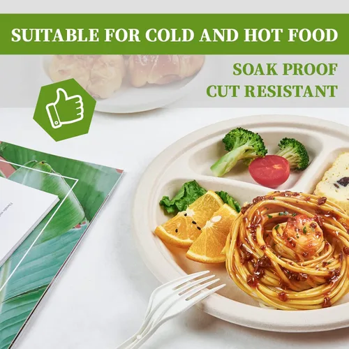Vista 3 de ECOLipak Paquete de 125 Platos Compostables de 3 Compartimentos, Platos de Papel Desechables de 8.85 Pulgadas de Alta Resistencia, Plato Dividido