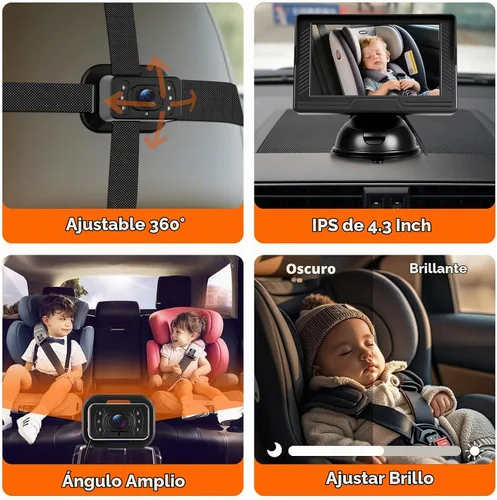 Vista 4 de VECHTEL Cámara de coche para bebé HD con orientación trasera para bebé con monitor de 4.3 pulgadas, visión nocturna IR, gran angular, fácil