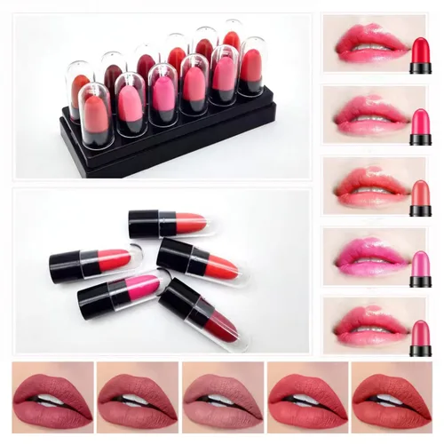 Vista 6 de Paquete de 12 lápices labiales en cápsulas: 3 bálsamos labiales sabor manzana y fresa, 3 lápices labiales de gelatina cambiador de color, 3 mate, 3