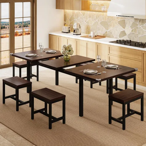 Vista 8 de Einhomn Juego de Mesa de Comedor de 5 Piezas para 4-6, Mesa de Cocina Extensible de 63" con 2 Bancos y 2 Taburetes, Estructura de Metal y Tablero