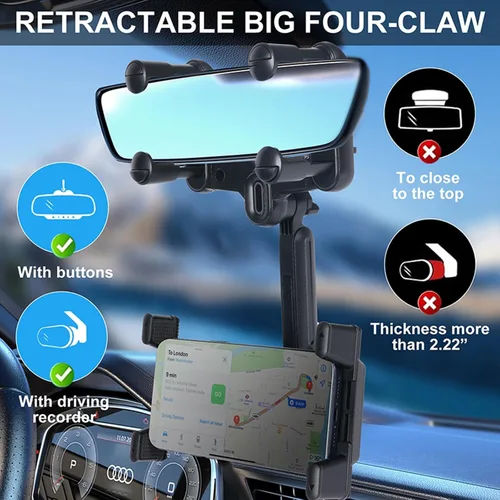 Vista 6 de kelofam Soporte para teléfono para coche, Soporte para espejo retrovisor de coche, Soporte multifuncional giratorio de 360° y retráctil para tablet