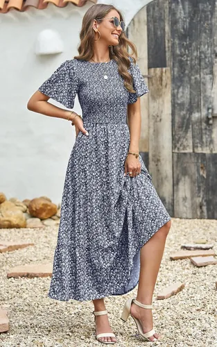 Vista 8 de PRETTYGARDEN Vestido largo casual de verano para mujer, de manga corta, bohemio, floral, cuello redondo, fruncido y escalonado