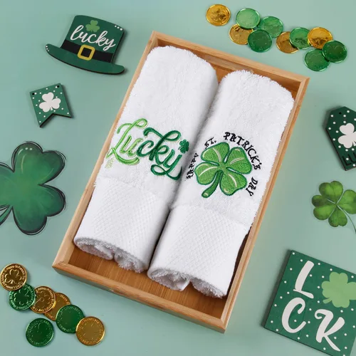 Vista 2 de Quera Paquete de 2 toallas de mano para el día de San Patricio, trébol de la suerte, 100% algodón, bordadas, decoración de lujo, juego de toallas
