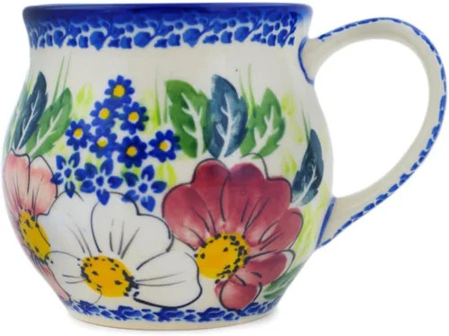 Vista 27 de Auténtica taza de burbujas de cerámica polaca de 13 onzas en diseño amarillo hecho a mano en Bolesławiec Polonia por Ceramika Bona + certificado