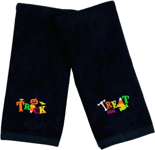 Vista 9 de Juego de 2 toallas de mano decorativas de Halloween, toallas de algodón de terciopelo de felpa negra con diseño bordado de truco o trato, toallas