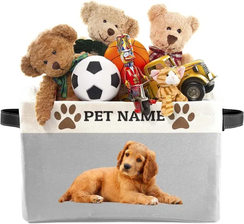 Vista 2 de Cesta de almacenamiento personalizada de juguetes para mascotas con asas, nombre y foto personalizados de la mascota, cajas de almacenamiento