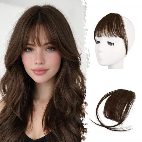 Vista 13 de BARSDAR Flequillo postizo de pelo humano real - Flequillo postizo 100% pelo humano para mujeres - Extensiones de flequillo ondulado castaño rojizo