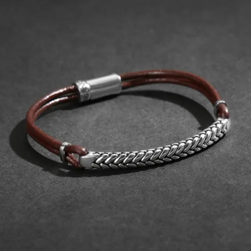 Vista 8 de Carleen Footprint - Pulsera de cuero genuino de plata de ley 925 para hombre cuerda trenzada dije inspirador aniversario día de San Valentín regalo