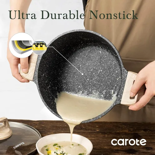 Vista 4 de CAROTE Olla antiadherente con tapa, cazuela de granito negro de 6 cuartos