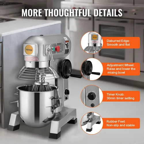 Vista 6 de VEVOR Mezclador comercial, mezclador comercial de alimentos de acero inoxidable de 10 cuartos de galón, mezclador de pie comercial de 450 W con 3