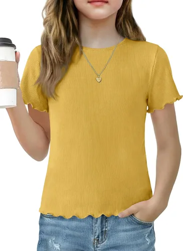 Vista 19 de Arshiner Camisas de manga corta con ribete de lechuga para niñas, camisetas de verano acanaladas con cuello redondo Blanco
