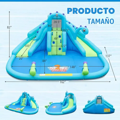 Vista 3 de BOUNTECH Parque inflable de tobogán acuático con dinosaurio, parque acuático de toboganes dobles con pared de escalada, castillo animoso