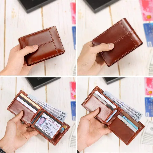 Vista 4 de Mens Wallet Slim Genuine Leather RFID Thin Bifold Wallets For Men Minimalist Front Pocket ID Window 12 Card Holders Gift Box