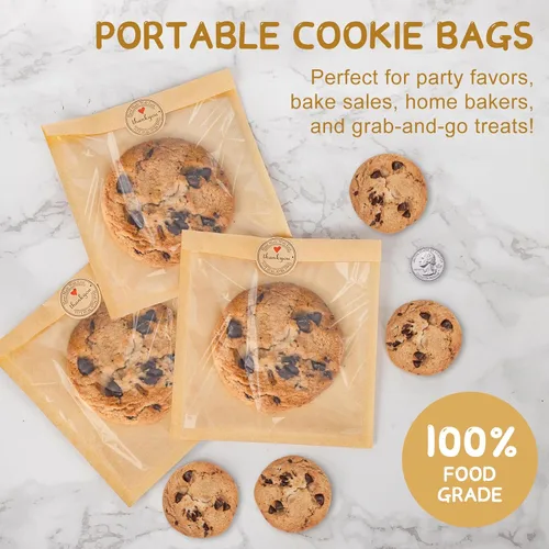 Vista 6 de SUREHOME Bolsas de Galletas Pequeñas de Papel Marrón con Ventana 100 Piezas Adhesivos de Agradecimiento 5.7 x 6.5 Pulgadas Bolsas de Panadería