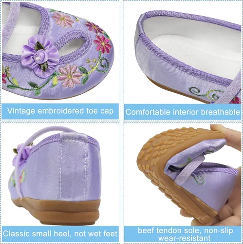 Vista 4 de Encanto Mirabel Isabela Zapatos para niñas, disfraz de cosplay, vestido bordado Mary-Jane, zapatos de ballet morados