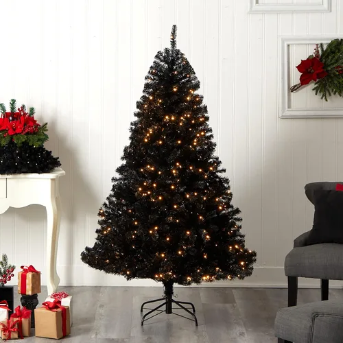Vista 7 de Nearly Natural Árbol de Navidad artificial negro de 6 pies con 400 luces LED transparentes y 1036 puntas